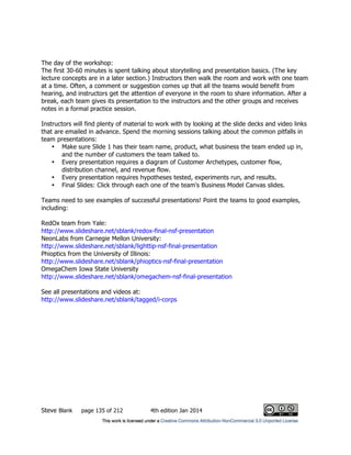 Steve Blank page 135 of 212 4th edition Jan 2014
The day of the workshop:
The first 30-60 minutes is spent talking about storytelling and presentation basics. (The key
lecture concepts are in a later section.) Instructors then walk the room and work with one team
at a time. Often, a comment or suggestion comes up that all the teams would benefit from
hearing, and instructors get the attention of everyone in the room to share information. After a
break, each team gives its presentation to the instructors and the other groups and receives
notes in a formal practice session.
Instructors will find plenty of material to work with by looking at the slide decks and video links
that are emailed in advance. Spend the morning sessions talking about the common pitfalls in
team presentations:
• Make sure Slide 1 has their team name, product, what business the team ended up in,
and the number of customers the team talked to.
• Every presentation requires a diagram of Customer Archetypes, customer flow,
distribution channel, and revenue flow.
• Every presentation requires hypotheses tested, experiments run, and results.
• Final Slides: Click through each one of the team's Business Model Canvas slides.
Teams need to see examples of successful presentations! Point the teams to good examples,
including:
RedOx team from Yale:
http://www.slideshare.net/sblank/redox-final-nsf-presentation
NeonLabs from Carnegie Mellon University:
http://www.slideshare.net/sblank/lighttip-nsf-final-presentation
Phioptics from the University of Illinois:
http://www.slideshare.net/sblank/phioptics-nsf-final-presentation
OmegaChem Iowa State University
http://www.slideshare.net/sblank/omegachem-nsf-final-presentation
See all presentations and videos at:
http://www.slideshare.net/sblank/tagged/i-corps
 