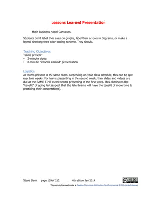 Lessons Learned Presentation
Steve Blank page 139 of 212 4th edition Jan 2014
their Business Model Canvases.
Students don't label their axes on graphs, label their arrows in diagrams, or make a
legend showing their color-coding scheme. They should.
Teaching Objectives
Teams present:
• 2-minute video.
• 8-minute "lessons learned" presentation.
Logistics
All teams present in the same room. Depending on your class schedule, this can be split
over two weeks. For teams presenting in the second week, their slides and videos are
due at the SAME TIME as the teams presenting in the first week. This eliminates the
“benefit” of going last (expect that the later teams will have the benefit of more time to
practicing their presentations).
 