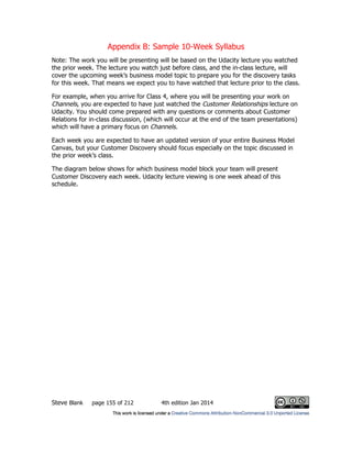 Appendix B: Sample 10-Week Syllabus
Steve Blank page 155 of 212 4th edition Jan 2014
Note: The work you will be presenting will be based on the Udacity lecture you watched
the prior week. The lecture you watch just before class, and the in-class lecture, will
cover the upcoming week’s business model topic to prepare you for the discovery tasks
for this week. That means we expect you to have watched that lecture prior to the class.
For example, when you arrive for Class 4, where you will be presenting your work on
Channels, you are expected to have just watched the Customer Relationships lecture on
Udacity. You should come prepared with any questions or comments about Customer
Relations for in-class discussion, (which will occur at the end of the team presentations)
which will have a primary focus on Channels.
Each week you are expected to have an updated version of your entire Business Model
Canvas, but your Customer Discovery should focus especially on the topic discussed in
the prior week’s class.
The diagram below shows for which business model block your team will present
Customer Discovery each week. Udacity lecture viewing is one week ahead of this
schedule.
 