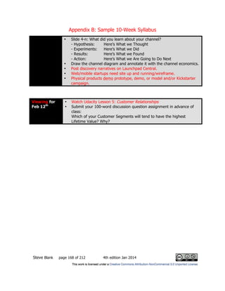 Appendix B: Sample 10-Week Syllabus
Steve Blank page 168 of 212 4th edition Jan 2014
• Slide 4-n: What did you learn about your channel?
- Hypothesis: Here’s What we Thought
- Experiments: Here’s What we Did
- Results: Here’s What we Found
- Action: Here’s What we Are Going to Do Next
• Draw the channel diagram and annotate it with the channel economics.
• Post discovery narratives on Launchpad Central.
• Web/mobile startups need site up and running/wireframe.
• Physical products demo prototype, demo, or model and/or Kickstarter
campaign.
Viewing for
Feb 12th
• Watch Udacity Lesson 5: Customer Relationships
• Submit your 100-word discussion question assignment in advance of
class:
Which of your Customer Segments will tend to have the highest
Lifetime Value? Why?
 
