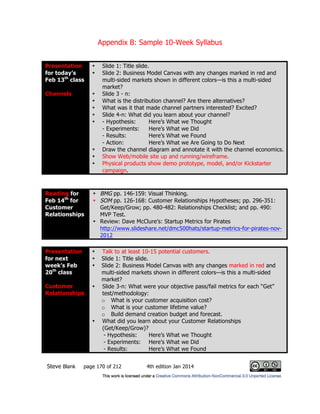 Appendix B: Sample 10-Week Syllabus
Steve Blank page 170 of 212 4th edition Jan 2014
Presentation
for today’s
Feb 13th
class
Channels
• Slide 1: Title slide.
• Slide 2: Business Model Canvas with any changes marked in red and
multi-sided markets shown in different colors—is this a multi-sided
market?
• Slide 3 - n:
• What is the distribution channel? Are there alternatives?
• What was it that made channel partners interested? Excited?
• Slide 4-n: What did you learn about your channel?
• - Hypothesis: Here’s What we Thought
- Experiments: Here’s What we Did
- Results: Here’s What we Found
- Action: Here’s What we Are Going to Do Next
• Draw the channel diagram and annotate it with the channel economics.
• Show Web/mobile site up and running/wireframe.
• Physical products show demo prototype, model, and/or Kickstarter
campaign.
Reading for
Feb 14th
for
Customer
Relationships
• BMG pp. 146-159: Visual Thinking.
• SOM pp. 126-168: Customer Relationships Hypotheses; pp. 296-351:
Get/Keep/Grow; pp. 480-482: Relationships Checklist; and pp. 490:
MVP Test.
• Review: Dave McClure’s: Startup Metrics for Pirates
http://www.slideshare.net/dmc500hats/startup-metrics-for-pirates-nov-
2012
Presentation
for next
week’s Feb
20th
class
Customer
Relationships
• Talk to at least 10-15 potential customers.
• Slide 1: Title slide.
• Slide 2: Business Model Canvas with any changes marked in red and
multi-sided markets shown in different colors—is this a multi-sided
market?
• Slide 3-n: What were your objective pass/fail metrics for each “Get”
test/methodology:
o What is your customer acquisition cost?
o What is your customer lifetime value?
o Build demand creation budget and forecast.
• What did you learn about your Customer Relationships
(Get/Keep/Grow)?
- Hypothesis: Here’s What we Thought
- Experiments: Here’s What we Did
- Results: Here’s What we Found
 