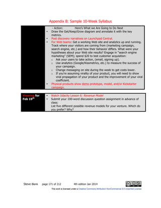 Appendix B: Sample 10-Week Syllabus
Steve Blank page 171 of 212 4th edition Jan 2014
- Action: Here’s What we Are Going to Do Next
• Draw the Get/Keep/Grow diagram and annotate it with the key
metrics.
• Post discovery narratives on Launchpad Central.
• For Web teams: Get a working Web site and analytics up and running.
Track where your visitors are coming from (marketing campaign,
search engine, etc.) and how their behavior differs. What were your
hypotheses about your Web site results? Engage in “search engine
marketing” (SEM); spend $20 to test customer acquisition:
o Ask your users to take action, (email, signing up).
o Use analytics (Google/Kissmetrics, etc.) to measure the success of
your campaign.
o Change messaging on site during the week to get costs lower.
o If you’re assuming virality of your product, you will need to show
viral propagation of your product and the improvement of your viral
coefficient.
• Physical products show demo prototype, model, and/or Kickstarter
campaign.
Viewing for
Feb 19th
• Watch Udacity Lesson 6: Revenue Model
• Submit your 100-word discussion question assignment in advance of
class:
List five different possible revenue models for your venture. Which do
you prefer? Why?
 