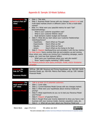 Appendix B: Sample 10-Week Syllabus
Steve Blank page 173 of 212 4th edition Jan 2014
Presentation for
today’s Feb 20th
class
Customer
Relationships
• Slide 1: Title slide.
• Slide 2: Business Model Canvas with any changes marked in red and
multi-sided markets shown in different colors—is this a multi-sided
market?
• Slide 3-n: What were your pass/fail metrics for each “Get”
test/methodology:
o What is your customer acquisition cost?
o What is your customer lifetime value?
o Build demand creation budget and forecast.
• Slide 4: What did you learn about your Customer Relationships
(Get/Keep/Grow)?
- Hypothesis: Here’s What we Thought
- Experiments: Here’s What we Did
- Results: Here’s What we Found
- Action: Here’s What we Are Going to Do Next
• Slide 5: Diagram Get/Keep/Grow and annotate it with the key metrics
For Web teams: Demo working Web site and analytics up and running.
Show where your visitors are coming from (marketing campaign, search
engine, etc.) and how their behavior differs.
o What were your hypotheses about your web site results?
o Show “search engine marketing” (SEM) results.
For Physical products show demo prototype, model, and/or Kickstarter
campaign.
Reading for
Feb 21st
for
Revenue Model
SOM pp. 180-188: Revenue and Pricing Hypotheses; pp. 260-269: Verify
Business Model; pp. 438-456: Metrics that Matter; and pp. 528: Validate
Financial Model.
Presentation For
next week’s Feb
27th
class
Revenue Model
• Talk to at least 10-15 potential customers.
• Slide 1: Cover slide.
• Slide 2: Current Business Model Canvas with any changes marked.
• Slide 3: What were your hypotheses about revenue model and
pricing?
• Slide 4: What experiments do you run to test your Revenue Model
and Pricing?
• Slide 4: Diagram of payment flows.
• Slide 5: Rough three-year income statement to show you have a real
business with your revenue model, channel, acquisition costs, etc.
• Slide 6 - n: What did you learn about your Revenue Model and
 