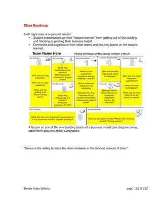 Sample 5-day Syllabus page 192 of 212
Class Roadmap
Each day’s class is organized around:
• Student presentations on their “lessons learned” from getting out of the building
and iterating or pivoting their business model.
• Comments and suggestions from other teams and teaching teams on the lessons
learned.
A lecture on one of the nine building blocks of a business model (see diagram below,
taken from Business Model Generation).
“Genius is the ability to make the most mistakes in the shortest amount of time.”
Team%Name%Here ! ! !Fill%Out%all%9%Boxes%of%the%Canvas%in%Order%1%Thru%9%
 