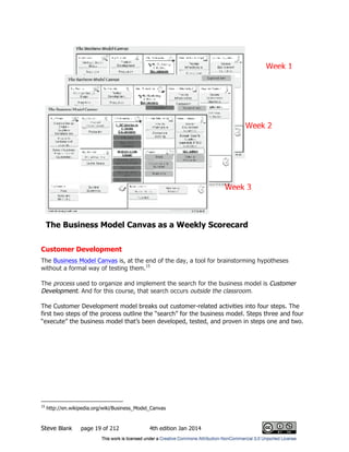 Steve Blank page 19 of 212 4th edition Jan 2014
Customer Development
The Business Model Canvas is, at the end of the day, a tool for brainstorming hypotheses
without a formal way of testing them.15
The process used to organize and implement the search for the business model is Customer
Development. And for this course, that search occurs outside the classroom.
The Customer Development model breaks out customer-related activities into four steps. The
first two steps of the process outline the “search” for the business model. Steps three and four
“execute” the business model that’s been developed, tested, and proven in steps one and two.
15
http://en.wikipedia.org/wiki/Business_Model_Canvas
Week 1
Week 2
Week 3
The Business Model Canvas as a Weekly Scorecard
 