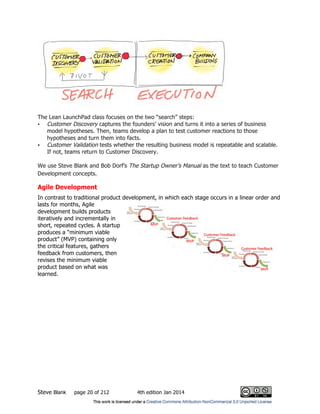 Steve Blank page 20 of 212 4th edition Jan 2014
The Lean LaunchPad class focuses on the two “search” steps:
• Customer Discovery captures the founders’ vision and turns it into a series of business
model hypotheses. Then, teams develop a plan to test customer reactions to those
hypotheses and turn them into facts.
• Customer Validation tests whether the resulting business model is repeatable and scalable.
If not, teams return to Customer Discovery.
We use Steve Blank and Bob Dorf’s The Startup Owner’s Manual as the text to teach Customer
Development concepts.
Agile Development
In contrast to traditional product development, in which each stage occurs in a linear order and
lasts for months, Agile
development builds products
iteratively and incrementally in
short, repeated cycles. A startup
produces a “minimum viable
product” (MVP) containing only
the critical features, gathers
feedback from customers, then
revises the minimum viable
product based on what was
learned.
 