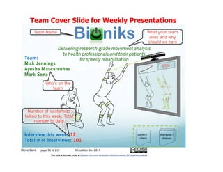 Steve Blank page 56 of 212 4th edition Jan 2014
1
Team Cover Slide for Weekly Presentations
2
 