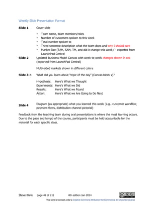 Steve Blank page 49 of 212 4th edition Jan 2014
Weekly Slide Presentation Format
Slide 1 Cover slide
• Team name, team mem...