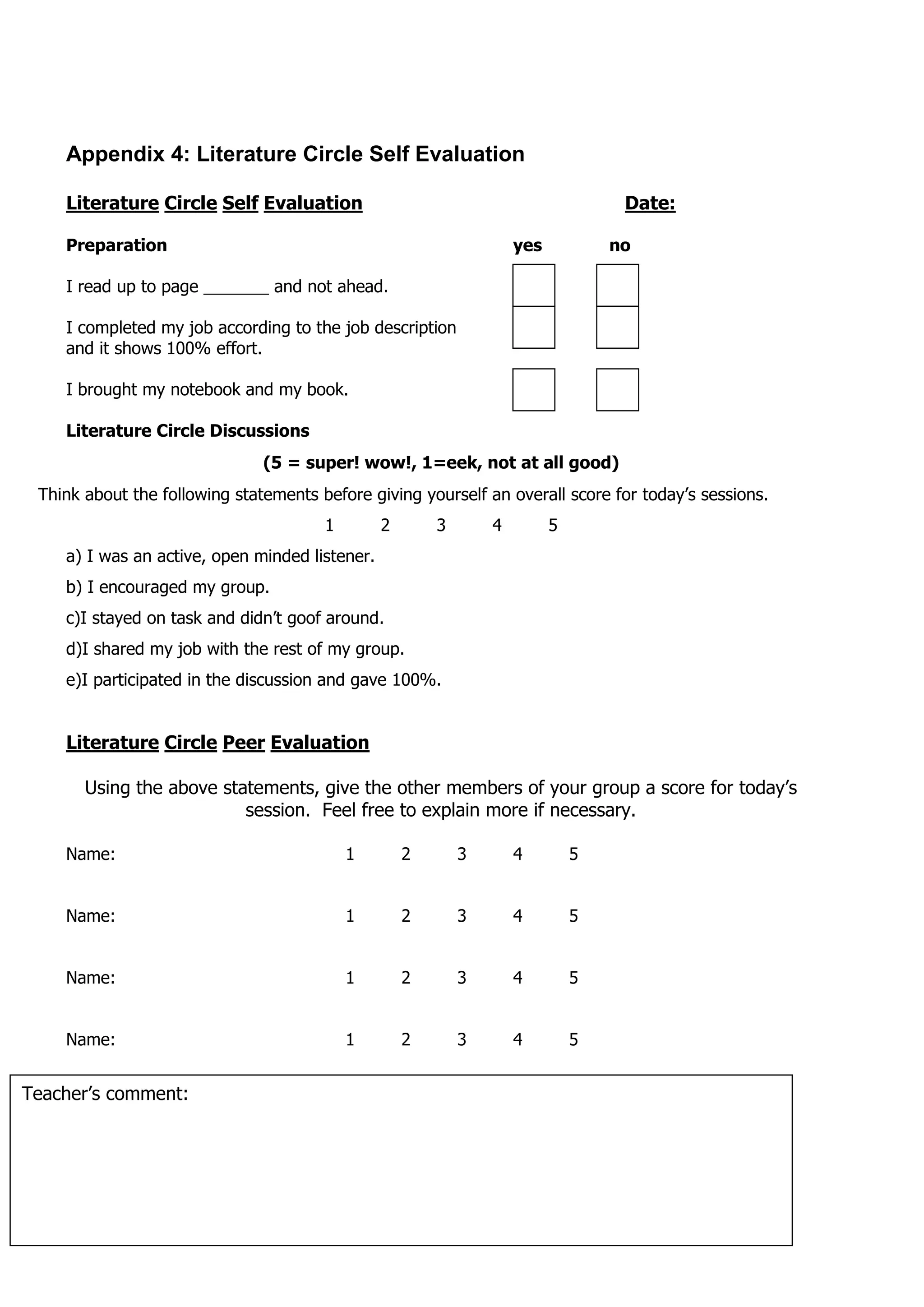 Appendix 4: Literature Circle Self Evaluation

    Literature Circle Self Evaluation                                              Date:

    Preparation                                                     yes           no

    I read up to page _______ and not ahead.

    I completed my job according to the job description
    and it shows 100% effort.

    I brought my notebook and my book.

    Literature Circle Discussions
                               (5 = super! wow!, 1=eek, not at all good)
 Think about the following statements before giving yourself an overall score for today’s sessions.
                                       1        2       3       4         5
    a) I was an active, open minded listener.
    b) I encouraged my group.
    c)I stayed on task and didn’t goof around.
    d)I shared my job with the rest of my group.
    e)I participated in the discussion and gave 100%.


    Literature Circle Peer Evaluation

       Using the above statements, give the other members of your group a score for today’s
                          session. Feel free to explain more if necessary.

    Name:                                  1        2       3       4         5


    Name:                                  1        2       3       4         5


    Name:                                  1        2       3       4         5


    Name:                                  1        2       3       4         5


Teacher’s comment:
 