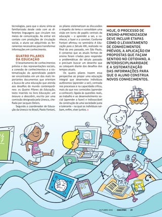 os pilares sistematizam as discussões
a respeito do tema e consolidam uma
visão em torno de papéis centrais da
educação – o aprender a ser, a co-
nhecer, a fazer e a conviver. Conforme
Fontani afirmou no seminário A Edu-
cação para o Século XXI, realizado no
final do ano passado, em São Paulo,
é consenso que as atuais formas de
ensino foram criadas para responder
a problemáticas do século passado
e precisam buscar um desenho que
as coloquem diante dos desafios dos
tempos atuais.
Os quatro pilares trazem essa
perspectiva ao propor uma educação
integral que desenvolva indivíduos
autônomos (aprender a ser); centrada
nos processos e na capacidade crítica,
mais do que nos conteúdos (aprender
a conhecer); ligada às questões reais,
ao trabalho e ao desenvolvimento so-
cial (aprender a fazer) e indissociável
da construção de uma sociedade justa
e tolerante – na qual os indivíduos sai-
bam, enfim, viver juntos.
tecnologias, para que o aluno sinta-se
familiarizado desde cedo com as di-
ferentes linguagens que circulam nos
meios de comunicação. Ao entrar em
contato com produções de circulação
social, o aluno vai adquirindo as fer­
ramentas necessárias para transformar
informações em conhecimento.
quatro Pilares
da Educação
O levantamento de conhecimentos
prévios e das representações sociais,
a conexão de conhecimentos e a sis-
tematização do aprendizado podem
ser encontrados em um dos mais im-
portantes documentos que orientam
a busca de uma educação que atenda
aos desafios do mundo contemporâ-
neo: os Quatro Pilares da Educação,
texto inserido no livro Educação: um
tesouro a descobrir, escrito por uma
comissão designada pela Unesco, che-
fiada por Jacques Delors.
Segundo o coordenador de Educa-
ção da Unesco no Brasil, Paolo Fontani,
Hoje, o processo de
ensino-aprendizagem
deve incluir etapas
como o levantamento
de conhecimentos
prévios, a aplicação em
propostas que façam
sentido no cotidiano, a
interdisciplinaridade
e a sistematização
das informações para
que o aluno construa
novos conhecimentos.
outubro 2012 21
 
