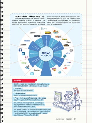 Entendendo as mídias sociais
Andreas M. Kaplan e Michael Haenlein, profes-
sores de marketing da escola de negócios ESCP
Europe, definem mídias sociais como “um grupo de
aplicações para a internet que permite a criação e
a troca de conteúdo gerado pelo utilizador”. Elas
possibilitam a interação social com base na criação
colaborativa de informação e em seu compartilha-
mento. Veja a seguir um esquema com os principais
tipos de mídias sociais.
Redes sociais
Redes sociais
privadas
Microblogs
Discussão
Compartilhamento
Publicação
MMORPG
Jogossociais
Mundosvirtuais
Livecast
Lifestreams
(Jogos de RPG multiplayer)
(Redes de cotidiano social)
MÍDIAS
SOCIAIS
(Transmissõesdeáudio
evídeoaovivo)
PESQUISA
Nos sites a seguir você encontra mais informações sobre as
redes sociais, bem como sobre seu uso em sala de aula.
•	Educarede
http://www.educared.org/educa/
•	Professor digital
http://professordigital.wordpress.com/
•	Fiesp — Conheça como funcionam as redes sociais
http://www.sp.senai.br/redessociais/conheca.htm
Para conhecer melhor o projeto da Escola Parque:
http://oglobo.globo.com/educacao/redes-sociais-as-
novas-parceiras-de-estudo-3738295
Para assistir à palestra do professor-doutor em Comunicação
Digital Luli Radfahrer “Para que serve uma monocotiledônea
— Nerds, Mídias Sociais e a escola do século 21”, acesse:
http://videolog.tv/video.php?id=389425
outubro 2012 39
 