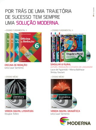 MKT•MODERNA
POR TRÁS DE UMA TRAJETÓRIA
DE SUCESSO TEM SEMPRE
UMA SOLUÇÃO MODERNA.
Laura de Figueiredo Marisa Balthasar Shirley Goulart
Leitura, produção e estudos de linguagem
Singular  Plural
ISBN: 978-85-16-07141-7
9 7 8 8 5 1 6 0 7 1 4 1 7
Leitura, produção e
estudos de linguagem
Singular  Plural
Laura de Figueiredo Marisa Balthasar Shirley Goulart
LínguaPortuguesa
SingularPlural
APLICAR Laminação SOFT TOUCH em toda a capa
Singular  Plural é uma coleção inovadora que pretende
levar você a uma viagem pelos cantos e recantos da língua
portuguesa. Cada um de seus quatro volumes está dividido
internamente em três cadernos.
No Caderno de Leitura e produção, você vai ter a opor-
tunidade de falar de você, de refletir a respeito de como
se relaciona com o mundo. E vai fazer isso enquanto se
prepara – por meio da leitura e análise de diversos gêneros
– para produzir textos orais e escritos importantes em sua
vida escolar, pessoal e em sociedade.
Possibilidades de leituras de textos literários e de relações
delas com as outras artes, como a pintura, o cinema, a foto-
grafia e a música, caracterizam o Caderno de Práticas de
literatura. Ele foi pensado para você poder aproveitar,
cada vez mais, o prazer, as emoções, as reflexões e os conhe-
cimentos que a leitura literária é capaz de despertar!
Oferecer propostas de observação e de reflexão a respeito
da língua portuguesa é o objetivo do Caderno de Estudos de
língua e linguagem. A partir da leitura de textos de ficção e
de não ficção, você acompanhará a problematização, fará
a observação, o levantamento de hipóteses, o estudo e a
análise de fenômenos linguísticos, para depois realizar a
sistematização daquilo que foi estudado.
Esta coleção traz ainda fichas destacáveis para a avaliação
das principais propostas de produção. Elas permitem que
você e seu professor realizem passo a passo uma reflexão
a respeito de seu aprendizado.
Singular  Plural é um desafio único que vai ajudar você
a se preparar para um mundo de múltiplas possibilidades.
CAPA PORT 6 LA.indd 1 22/Mar/12 6:28 PM
Leitura, produção e
estudos de linguagem
Singular  Plural
Marisa Balthasar Shirley GoulartShirley Goulart
LínguaPortuguesa
Leitura, produção e
estudos de linguagem
Singular
Laura de Figueiredo Marisa BalthasarMarisa Balthasar
VEREDA DIGITAL LITERATURA
Douglas Tufano
VEREDA DIGITAL GRAMÁTICA
Leila Lauar Sarmento
OFICINA DE REDAÇÃO
Leila Lauar Sarmento
SINGULAR  PLURAL
LEITURA, PRODUÇÃO E ESTUDOS DA LINGUAGEM
Laura de Figueiredo • Marisa Balthasar
Shirley Goulart
» ENSINO MÉDIO » ENSINO MÉDIO
» ENSINO FUNDAMENTAL II » ENSINO FUNDAMENTAL II
 
