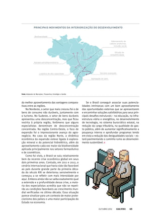 do melhor aproveitamento das vantagens compara-
tivas entre as regiões.
No Nordeste, o setor que mais cresceu foi o de
bens de consumo não duráveis, juntamente com
o turismo. No Sudeste, o setor de bens duráveis
apresentou uma desconcentração, mas que ficou
restrita à própria região, fenômeno que alguns
especialistas denominam de desconcentração
concentrada. Na região Centro-Oeste, o foco de
expansão foi o impressionante avanço do agro-
negócio. No caso da região Norte, a dinâmica
econômica da expansão esteve ligada à explora-
ção mineral e do potencial hidrelétrico, além do
aproveitamento cada vez maior da biodiversidade
aplicada principalmente nos setores farmacêutico
e de cosméticos.
Como foi visto, o Brasil se saiu relativamente
bem da recente crise econômica global em seus
dois primeiros anos. Contudo, em 2011 e 2012, o
cenário internacional que havia sido tão favorável
ao país durante grande parte da primeira déca-
da do século XXI se deteriorou sensivelmente e
começou a se refletir com mais intensidade por
aqui. Embora ainda não se saiba exatamente qual
a extensão e a profundidade dessa crise, a maio-
ria dos especialistas acredita que não se repeti-
rão as condições favoráveis ao crescimento mun-
dial verificados na última década. Essa situação
parece sinalizar para um contexto de maior prote-
cionismo dos países e uma maior participação do
Estado na economia.
Se o Brasil conseguir associar suas potencia-
lidades intrínsecas com um bom aproveitamento
das oportunidades externas que se apresentarem
e encaminhar soluções satisfatórias para seus prin-
cipais desafios estruturais – na educação, na infra-
estrutura viária e energética, no desenvolvimento
de tecnologia, no sistema burocrático estatal, na
redução da carga tributária, na qualidade do gas-
to público, além de aumentar significativamente a
poupança interna e aprofundar programas tendo
em vista a redução das desigualdades sociais – es-
tará pavimentando o caminho rumo ao desenvolvi-
mento sustentável.
PRINCIPAIS MOVIMENTOS DA INTERIORIZAÇÃO DO DESENVOLVIMENTO
Biodiversidade
Agropecuária/Agroindústria
Logística de alta capacidade
Adensamento de
cadeias produtivas,
inclusão social
Agregação de valor
Difusão de
competitividade
Terciário avançado
Fonte: Adaptado de Macroplan, Prospectiva, Estratégia e Gestão
outubro 2012 65
 