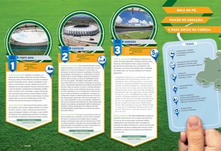 BOLA NO PÉ,
PAIXÃO NO CORAÇÃO,
E BOAS IDEIAS NA CABEÇA.
COPA DAS CONFEDERAÇÕES 2013COPA DAS CONFEDERAÇÕES 2013COPA DAS CONFEDERAÇÕES 2013COPA DAS CONFEDERAÇÕES 2013COPA DAS CONFEDERAÇÕES 2013COPA DAS CONFEDERAÇÕES 2013COPA DAS CONFEDERAÇÕES 2013COPA DAS CONFEDERAÇÕES 2013
TEMAS
CIDADES-SEDE, TURISMO
E PATRIMÔNIOS MATERIAIS
E IMATERIAIS
INFRAESTRUTURA (ESTÁDIOS,
AEROPORTOS, PORTOS, REDE
HOTELEIRA E MOBILIDADE URBANA)
TRABALHO,
GERAÇÃO DE EMPREGOS,
CONSUMO E LAZER
SUSTENTABILIDADE
AMBIENTAL
DIREITO À MORADIA,
ESPECULAÇÃO IMOBILIÁRIA,
DIREITOS HUMANOS, REVITALIZAÇÃO
URBANA E DIVERSIDADE CULTURAL
GLOBALIZAÇÃO,
CULTURA E CONSUMO
GlauberQueiroz/PortaldaCopa/ME
GlauberQueiroz/PortaldaCopa/ME
ESTÁDIO: Otávio Mangabeira
CIDADE: Salvador (BA)
CAPACIDADE: 48.747 pessoas
STATUS: Pronto
FONTE NOVA
Professor de Geograﬁa: Trabalhe os conceitos e as
noções de rede urbana, categorias e funções urbanas e
hierarquia urbana, introduzindo-os com base na realidade
espacial vivida pelos alunos. Indique a localidade na rede
urbana a que pertence e em que categoria ela faz parte,
utilizando-se do mapa regional e nacional. Particularizando
o caso de Salvador, considerada uma metrópole, trabalhe
outros conceitos, como conurbação e regiões metropolita-
nas, importantes para mostrar a grande dinâmica urbana
em nosso país. O mesmo pode ser realizado para as demais
cidades-sede da Copa das Confederações da FIFA 2013,
inclusive utilizando-se do programa Google Earth.
Interdisciplinaridade: Na aula de História pode-se traba-
lhar Salvador como primeira capital do Brasil e o mosaico
de etnias, culturas, credos e sabores que remontam às
raízes portuguesas, indígenas e africanas, o que também
se reﬂete em suas manifestações artísticas e culturais e
no patrimônio arquitetônico, fatores de atração turística.
1
AULA
TEMAS TRANSVERSAIS:
PLURALIDADE CULTURAL.
FábioLima/PortaldaCopa/Marçode201
3
FábioLima/PortaldaCopa/Marçode201
3
Professor de Geograﬁa: Vários empreendimentos estão
sendo realizados em Fortaleza, ﬁnanciados pelo Governo
Federal ou com recursos estaduais e locais. Após con-
textualizar as obras de reforma e ampliação do terminal
de passageiros do aeroporto, os investimentos no Porto
de Mucuripe e na rede hoteleira, sugerimos classiﬁcar e
explicar para os alunos as obras de mobilidade urbana
em curso na cidade – Bus Rapid Transit (BRTs), Veículo
Leve sobre Trilhos (VLT) e metrô. Analisando o custo das
obras, a quantidade estimada de passageiros beneﬁciados
durante e após os eventos, os bairros e famílias afetados,
indague os alunos se elas realmente favorecem as áreas
de maior demanda ou se os investimentos estão abrindo
novas frentes imobiliárias e privilegiando corredores de
transportes voltados a determinadas parcelas já favoreci-
das da população. Apresente e discuta as principais críti-
cas e seus argumentos, como a que aponta o desperdício
dos recursos públicos que poderiam ser direcionados para
atender necessidades da população (déﬁcit habitacional,
moradias urbanas destituídas das condições mínimas
de habitabilidade, precariedade dos sistemas de saúde e
educação pública).
Interdisciplinaridade: Em uma ou mais aulas de Artes, os
alunos poderão ser orientados a confeccionar maquetes,
recriando a arquitetura dos estádios e/ou os espaços
urbanos modiﬁcados pelas obras de infraestrutura. Pode-
-se utilizar também o simulador de construção Minecraft
para estimular a criatividade dos alunos, orientando-os a
propor mudanças virtuais nas obras em curso.
ESTÁDIO: Governador Plácido Castelo
CIDADE: Fortaleza (CE)
CAPACIDADE: 64.845 pessoas
STATUS: Pronto
CASTELÃO
TEMAS TRANSVERSAIS:
ÉTICA, TRABALHO E CONSUMO.
2
AULA
PortaldaCopa/ME/Janeirode2013
PortaldaCopa/ME/J/J/aneirode2013
Professor de Geograﬁa: Desenvolva os conceitos e as
noções de espaço geográﬁco, trabalho, consumo e lazer.
Diante das informações do texto a seguir, proponha,
por meio de uma discussão oral e um posterior texto
individual ou em grupo, uma reﬂexão sobre a inﬁnidade
de relações que o ser humano estabelece nos espaços
geográﬁcos.
“Inaugurado em ﬁnal de 2012, o novo Mineirão empregou,
em momentos de pico de sua reforma, cerca de 3 mil
trabalhadores. Para o seu funcionamento e a sua manuten-
ção, prevê-se um grande contingente de pessoas que será
envolvido nas diversas atividades que o estádio proporcio-
nará, não somente com os jogos, mas com shows musicais e
atividades de lazer, cultura, entre outras. Além de abrigar um
estacionamento com 2.925 vagas, possui uma área comercial
de mais de 7,5 mil m2
, possibilitando até 47 lojas, e mais
58 bares e lanchonetes espalhados por outros setores do
estádio. Do lado externo, foi construída uma esplanada com
80 mil m2
com capacidade para 65 mil pessoas, planejada
para ser um espaço de convívio social e abrigar diversos
eventos”. (Texto elaborado com base em: PORTAL DA COPA.
“100 dias para as Confederações: Mineirão em fase de ajus-
tes ﬁnos”. Disponível em: <www.copa2014.gov.br>. Acesso
em: 4 abr. 2013).
Interdisciplinaridade: Nas aulas de Matemática, podem ser
propostos vários cálculos com os números que aparecem
no texto ou outros relacionados aos demais estádios,
trabalhando-se com estimativas sobre a ocupação da
esplanada do estádio, efetuando-se o cálculo de proporções
e porcentagens de áreas ocupadas pelos veículos no esta-
cionamento, do número de funcionários que trabalharão
nos eventos etc.
ESTÁDIO: Arena Governador Magalhães Pinto
CIDADE: Belo Horizonte (MG)
CAPACIDADE: 62.447 pessoas
STATUS: Pronto
MINEIRÃO
TEMAS TRANSVERSAIS:
TRABALHO E CONSUMO.
3
AULA
ME/PortaldaCopa/Fevereirode2013
ME/PortaldaCopa/Fevereirode2013
Professor de Geograﬁa: Por meio de aula expositiva
dialogada, construa um quadro sinóptico com os alunos
sobre iniciativas na construção desse estádio voltadas
para a obtenção do Selo Ambiental (Certiﬁcação Leed –
Leadership in Energy and Environmental Design – criada
pela ONG U.S. Green Building Council e concedida a
construções sustentáveis e ambientalmente eﬁcientes).
Entre os itens avaliados, incluem-se: consumo de energia,
reaproveitamento de água, uso de materiais certiﬁcados
ou reciclados na construção e no mobiliário, localização
do empreendimento e baixa produção de resíduos. Em
seguida, contextualize essas iniciativas em relação às
discussões e políticas internacionais sobre meio ambiente
e, caso disponha de tempo hábil, leve os alunos a reﬂetir
sobre o discurso “verde” que, em muitos casos, desconsi-
dera os impactos causados pelas obras e as violações
à legislação.
Interdisciplinaridade: De modo articulado, cada qual em
sua especiﬁcidade, Ciências e Matemática podem explorar
com os alunos alternativas de construção que favorecem
a sustentabilidade ambiental nos estádios, como: a) a
tecnologia das lâmpadas LED, que, ao substituírem as
normais, permitem economizar e otimizar a iluminação de
algumas áreas do estádio; b) a captação e armazenamento
da água da chuva por meio de quatro cisternas para ﬁns
de uso nos vasos sanitários, mictórios, irrigação do gra-
mado e lavagem em geral (o professor de Matemática, por
exemplo, poderá abordar a capacidade em metros cúbicos
das cisternas para armazenar a água, o equivalente a duas
piscinas semiolímpicas); c) a cobertura do estádio, com
membrana autolimpante, que ao entrar em contato com
o sol permite reações químicas que retiram da atmosfera
gases poluentes produzidos por veículos e outras fontes.
ESTÁDIO: Nacional Mané Garrincha
CIDADE: Brasília (DF)
CAPACIDADE: 70.064 pessoas
STATUS: Em reconstrução
MANÉ GARRINCHA
TEMAS TRANSVERSAIS:
ÉTICA, MEIO AMBIENTE,
TRABALHO E CONSUMO.
4
AULA
Divulgação
DDiivvuullggaaççããoo
Professor de Geograﬁa: Em nome da realização de gran-
des projetos urbanos para os jogos, no Rio de Janeiro o
Direito à Moradia vem sendo violado por meio da remoção
anunciada ou efetiva de comunidades localizadas em re-
giões antes desvalorizadas pelo mercado imobiliário, mas
que hoje, valorizadas, são alvo de seus agentes. Discuta
com os alunos que a remoção não reconhece o direito
de posse, assegurado pela Constituição Federal de 1988,
pelo Estatuto da Cidade (Lei federal 10.257/2001) e por
diversas leis estaduais e municipais, além de ser reconhe-
cido por pactos internacionais assinados pelo Brasil. Nesse
contexto, discuta os movimentos sociais urbanos e quais
as causas defendidas por eles diante das intervenções
urbanísticas dos megaeventos, aproveitando para explicar
conceitos como cidade formal, cidade informal e segrega-
ção socioespacial no espaço urbano.
Interdisciplinaridade: Para uma ou mais aulas de Portu-
guês, sugere-se desenvolver a competência leitora dos
alunos por meio da leitura e interpretação de trechos da
Constituição Federal de 1988 e do Estatuto da Cidade,
como também trazendo para a sala de aula textos de
revistas e jornais que tratam sobre as alterações dos
critérios do regime urbanístico das cidades brasileiras
em função da realização dos megaeventos esportivos.
ESTÁDIO: Mário Filho
CIDADE: Rio de Janeiro (RJ)
CAPACIDADE: 78.639 pessoas
STATUS: Em reforma
MARACANÃ
5
AULA
TEMAS TRANSVERSAIS:
ÉTICA E MEIO AMBIENTE.
DivulgaçãoOdebrechtDivulgaçãoOdebrecht
Professor de Geograﬁa: Durante a Copa das Confedera-
ções de 2013 e a Copa do Mundo de 2014, serão realizados
grandes investimentos em mídia e publicidade, principal-
mente pelo setor privado, a exemplo de edições anterio-
res, acarretando uma grande valorização dos espaços a
eles destinados (televisão, rádio, internet, espaço físico
etc.). Apresente dados a respeito do assunto e, com base
nos apoiadores da FIFA e patrocinadores oﬁciais desses
megaeventos, construa conceitos relacionados à econo-
mia global. Explique como os megaeventos esportivos são
ocasiões privilegiadas para as transnacionais divulgarem
suas marcas e inﬂuenciarem os hábitos de consumo não
somente nos países nos quais ocorrem, como também
mundialmente, em razão das rápidas transformações de-
correntes da revolução cientíﬁca e tecnológica, marcada
pelo desenvolvimento da eletrônica, e que possibilitou,
entre outras mudanças, um avanço sem precedentes nas
telecomunicações.
Interdisciplinaridade: Em uma ou mais aulas de Matemá-
tica, poderão ser trabalhados os investimentos previstos
em mídia, publicidade e propaganda, trabalhando-os por
meio de tabelas e gráﬁcos; enquanto, em Português,
peças de campanhas publicitárias podem ser analisadas,
discutindo-se o uso das várias linguagens e os valores por
elas veiculados.
ESTÁDIO: Arena Pernambuco
CIDADE: Recife (PE)
CAPACIDADE: 44.248 pessoas
STATUS: Em construção
ARENA PERNAMBUCO
6
AULA
TEMAS TRANSVERSAIS:
TRABALHO E CONSUMO.
Estados que
sediarão os jogos
E PATRIMÔNIOS MATERIAIS
INFRAESTRUTURA (ESTÁDIOS,
AEROPORTOS, PORTOS, REDE
HOTELEIRA E MOBILIDADE URBANA)
GERAÇÃO DE EMPREGOS,
DIREITO À MORADIA,
ESPECULAÇÃO IMOBILIÁRIA,
DIREITOS HUMANOS, REVITALIZAÇÃO
URBANA E DIVERSIDADE CULTURAL
CULTURA E CONSUMO
Estados que
sediarão os jogos
4
3
5
1
6
2
MAIO 2013 73
Educatrix_pag67-74_plano_aula_ENCARTE.indd 2 23/Apr/13 10:14 PM
 