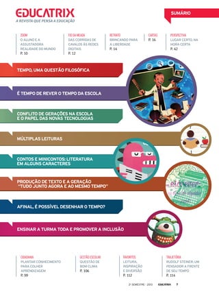 SUMÁRIO
A revista que pensa a educação

ZOOM

fio da meada

Retrato

O aluno e a
assustadora
realidade do mundo

Das corridas de
cavalos às redes
digitais

Brincando para
a liberdade

P. 10

cartas
P. 16

P. 12

P. 14

PERSPECTIVA
Lugar certo, na
hora certa

P. 42

Tempo, uma questão filosófica

é tempo de rever o tempo Da escola

Conflito de gerações na escola
e o papel das novas tecnologias

Múltiplas leituras

Contos e minicontos: literatura
em alguns caracteres

Produção de texto e a geração
“tudo junto agora e ao mesmo tempo”

Afinal, é possível desenhar o tempo?

Ensinar a turma toda e promover a inclusão

cidadania

gestão escolar

favoritos

trajetória

Plantar conhecimento
para colher
aprendizagem

Questão de
bom clima

leitura,
inspiração
e diversão

Rudolf Steiner: um
pensador a frente
de seu tempo

P. 112

P. 114

P. 99

P. 106

2o semestre - 2013

7

 