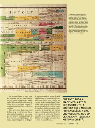 A New Chart of History, de 1769.
Feita pelo célebre Joseph Priestley,
seguia o sistema de linhas, com
variações verticais, mais largas ou
mais estreitas. Utilizava cores para
ressaltar a história de determinados
impérios e nações, ao mesmo tempo
facilitando a leitura e a compreensão.
Sua organização deixa claro o fluxo
da história, a sucessão e simultaneidade dos acontecimentos históricos.
Apresentava a mesma escala temporal, o que permitia sua leitura em
conjunto com a tabela de 1765, que
será vista na próxima página.

Os formatos foram os mais variados possíveis, ora com mais imagens,
ora com menos imagens, com organizações diferentes, horizontais ou verticais, a cores ou não, e até o século XV
todo este trabalho era feito à mão pelos
copistas.
Com a invenção da prensa móvel
de Gutenberg, o cenário muda. Mas se
a técnica de impressão foi uma revolução sem tamanho para a publicação de
livros escritos, seu impacto para a confecção das cronologias não foi tão gran-

de quando se poderia pensar. Se a cópia é facilitada, os problemas práticos e
teóricos persistem: como escolher que
eventos serão representados? Deve-se dar preferência ao Império Romano
(como muitos faziam), incluir a criação
do mundo, ressaltar nomes de reis importantes da época? Um fato curioso:
alguns cronólogos acreditavam, devido
aos avanços da astronomia durante o
século XV, poder inclusive determinar o
dia e hora da criação, que despontaria
no início de suas crônicas.

Durante toda a
Idade Média até o
Renascimento, a
Crônica foi o modelo
por excelência das
cronologias, que em
geral enfatizavam a
história cristã.

2o semestre - 2013

79

 