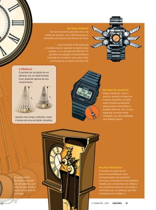 Relógio mecânico
A energia da queda de um
peso é transmitida por meio
de engrenagens aos ponteiros.
Uma peça composta por duas palhetas
impede que o mecanismo do relógio e
seus ponteiros acelerem. Essa peça é
controlada por um pêndulo, que dita
a frequência do relógio.
Relógio de quartzo
Alguns materiais, como o
quartzo, quando cortados de
maneira específica, oscilam
numa frequência bastante
exata quando submetidos a
tensões elétricas. Um circuito
integrado converte essas
vibrações, que são projetadas
num display digital.
O comprimento
da haste é regulado
por um parafuso, por
meio do qual é feito o
acerto do período da
oscilação.
Relógio atômico
De funcionamento parecido com o do
relógio de quartzo, com a diferença que os
elementos osciladores são átomos de césio.
Essa oscilação é tão exata que
a medida atual do segundo se baseia nesse
padrão: 1 s é a duração de 9.192.631.770
períodos da radiação correspondente à
transição de um elétron entre dois níveis
de energia de um átomo de Césio 133.
Quanto mais longo o pêndulo, maior
o tempo de uma oscilação completa.
L1
O pêndulo
O período de oscilação de um
pêndulo, em um determinado
local, depende apenas de seu
comprimento.
L2
2o
semestre - 2013 21
 