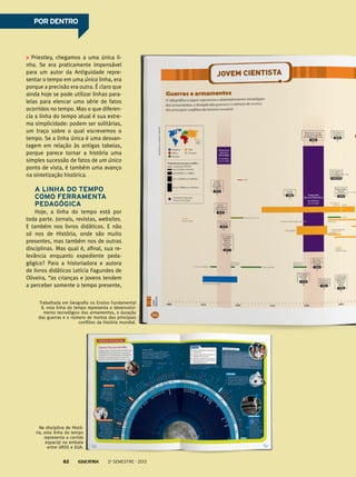 Priestley, chegamos a uma única li-
nha. Se era praticamente impensável
para um autor da Antiguidade repre-
sentar o tempo em uma única linha, era
porque a precisão era outra. É claro que
ainda hoje se pode utilizar linhas para-
lelas para elencar uma série de fatos
ocorridos no tempo. Mas o que diferen-
cia a linha do tempo atual é sua extre-
ma simplicidade: podem ser solitárias,
um traço sobre o qual escrevemos o
tempo. Se a linha única é uma desvan-
tagem em relação às antigas tabelas,
porque parece tornar a história uma
simples sucessão de fatos de um único
ponto de vista, é também uma avanço
na sintetização histórica.
A linha do tempo
como ferramenta
pedagógica
Hoje, a linha do tempo está por
toda parte. Jornais, revistas, websites.
E também nos livros didáticos. E não
só nos de História, onde são muito
presentes, mas também nos de outras
disciplinas. Mas qual é, afinal, sua re-
levância enquanto expediente peda-
gógico? Para a historiadora e autora
de livros didáticos Letícia Fagundes de
Oliveira, “as crianças e jovens tendem
a perceber somente o tempo presente,
Trabalhada em Geografia no Ensino Fundamental
II, esta linha do tempo representa o desenvolvi-
mento tecnológico dos armamentos, a duração
das guerras e o número de mortos dos principais
conflitos da história mundial.
Na disciplina de Histó-
ria, esta linha do tempo
representa a corrida
espacial no embate
entre URSS e EUA.
POR DENTROPOR DENTRO
2o
semestre - 201382
 