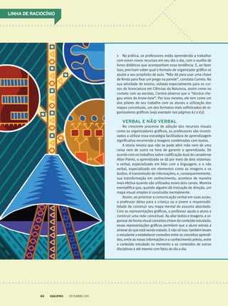 Na prática, os professores estão aprendendo a trabalhar
com esses novos recursos em seu dia a dia, com o auxílio de
livros didáticos que acompanham essa tendência. E, ao fazer
isso, precisam saber qual o formato de organizador gráfico se
ajusta a seu propósito de aula. “Não dá para usar uma chave
de fenda para fixar um prego na parede”, constata Correia. Na
sua atividade de ensino, voltada especialmente para os cur-
sos de licenciatura em Ciências da Natureza, assim como no
contato com as escolas, Correia observa que a “técnica che-
gou antes do know-how”. Por isso mesmo, ele tem como um
dos pilares de seu trabalho com os alunos a utilização dos
mapas conceituais, um dos formatos mais sofisticados de or-
ganizadores gráficos (veja exemplo nas páginas 62 e 63).
Verbal e não verbal
No crescente processo de adoção dos recursos visuais
como os organizadores gráficos, os professores são incenti-
vados a utilizar essa estratégia facilitadora de aprendizagem
significativa recorrendo a imagens combinadas com textos.
A teoria mostra que não se pode abrir mão nem de uma
coisa nem de outra na hora de garantir o aprendizado. De
acordo com os trabalhos sobre codificação dual do canadense
Allan Paivio, o aprendizado se dá por meio de dois sistemas:
o verbal, especializado em lidar com a linguagem, e o não
verbal, especializado em elementos como as imagens e os
áudios. A transmissão de informações, e, consequentemente,
sua transformação em conhecimento, acontece de maneira
mais efetiva quando são utilizados esses dois canais. Moreira
exemplifica que, quando alguém dá instrução de direção, um
mapa visual simples é construído mentalmente.
Assim, ao priorizar a comunicação verbal em suas aulas,
o professor deixa para a criança ou o jovem a responsabi-
lidade de construir seu mapa mental do assunto abordado.
Com as representações gráficas, o professor ajuda o aluno a
construir uma rede conceitual. Ao aliar textos e imagens, e or-
ganizar de forma visual conceitos-chave do conteúdo estudado,
essas representações gráficas permitem que o aluno extraia a
síntese do que está sendo tratado. E não só isso: também levam
o estudante a estabelecer conexões entre os conceitos aprendi-
dos, entre as novas informações e o conhecimento prévio, entre
o conteúdo estudado no momento e os conteúdos de outras
disciplinas e até mesmo com fatos do dia a dia.
Linha de raciocínio
Setembro 201160
 
