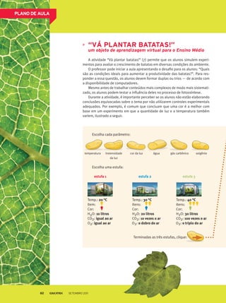 plAno de AulA
“vá plAnTAR BATATAs!”
um objeto de aprendizagem virtual para o Ensino Médio
A atividade “Vá plantar batatas!” (7) permite que os alunos simulem experi-
mentos para avaliar o crescimento de batatas em diversas condições do ambiente.
O professor pode iniciar a aula apresentando o desafio para os alunos: “Quais
são as condições ideais para aumentar a produtividade das batatas?”. Para res-
ponder a essa questão, os alunos devem formar duplas ou trios — de acordo com
a disponibilidade de computadores.
Mesmo antes de trabalhar conteúdos mais complexos de modo mais sistemati-
zado, os alunos podem testar a influência deles no processo de fotossíntese.
Durante a atividade, é importante perceber se os alunos não estão elaborando
conclusões equivocadas sobre o tema por não utilizarem controles experimentais
adequados. Por exemplo, é comum que concluam que uma cor é a melhor com
base em um experimento em que a quantidade de luz e a temperatura também
variem, ilustrado a seguir.
estufa 1 estufa 2 estufa 3
Temp.: 20 °C Temp.: 30 °C Temp.: 40 °C
H2O: 10 litros H2O: 20 litros H2O: 30 litros
Item: Itens: Itens:
CO2: igual ao ar CO2: 10 vezes o ar CO2: 100 vezes o ar
O2: igual ao ar O2: o dobro do ar O2: o triplo do ar
Cor: Cor: Cor:
Escolha cada parâmetro:
Terminadas as três estufas, clique:
Escolha uma estufa:
temperatura instensidade
da luz
cor da luz água gás carbônico oxigênio
Setembro 201182
 