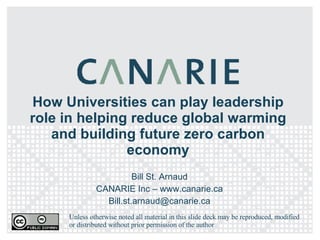 How Universities can play leadership role in helping reduce global warming and building future zero carbon economy Bill St. Arnaud CANARIE Inc – www.canarie.ca [email_address] Unless otherwise noted all material in this slide deck may be reproduced, modified or distributed without prior permission of the author 