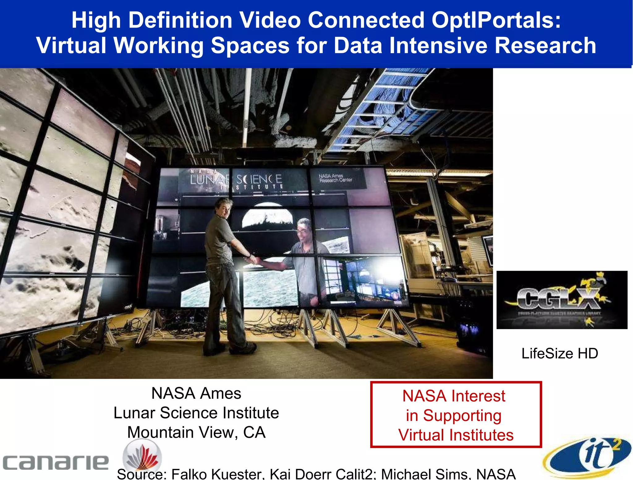 High Definition Video Connected OptIPortals: Virtual Working Spaces for Data Intensive Research Source: Falko Kuester, Kai Doerr Calit2; Michael Sims, NASA NASA Ames Lunar Science Institute Mountain View, CA NASA Interest  in Supporting  Virtual Institutes LifeSize HD 