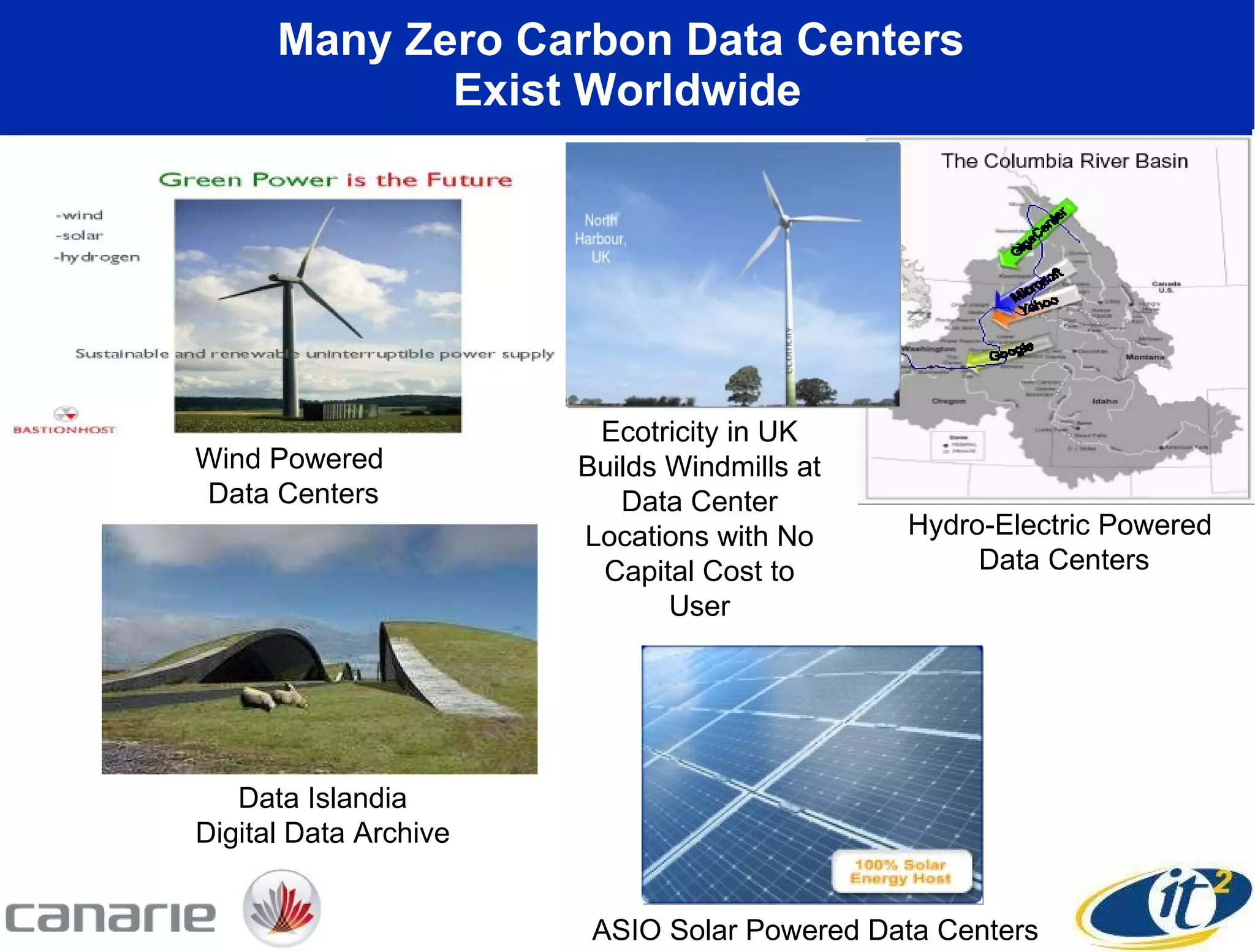 Many Zero Carbon Data Centers  Exist Worldwide Hydro-Electric Powered  Data Centers Data Islandia Digital Data Archive ASIO Solar Powered Data Centers Wind Powered  Data Centers Ecotricity in UK Builds Windmills at Data Center Locations with No Capital Cost to User 