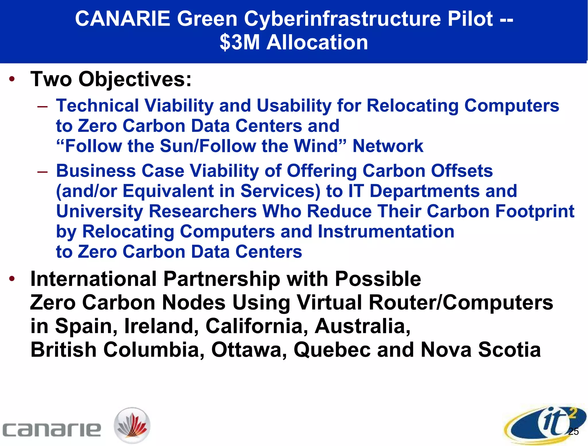 CANARIE Green Cyberinfrastructure Pilot --  $3M Allocation  Two Objectives: Technical Viability and Usability for Relocating Computers to Zero Carbon Data Centers and  “Follow the Sun/Follow the Wind” Network Business Case Viability of Offering Carbon Offsets  (and/or Equivalent in Services) to IT Departments and University Researchers Who Reduce Their Carbon Footprint by Relocating Computers and Instrumentation  to Zero Carbon Data Centers International Partnership with Possible  Zero Carbon Nodes Using Virtual Router/Computers  in Spain, Ireland, California, Australia,  British Columbia, Ottawa, Quebec and Nova Scotia  25 