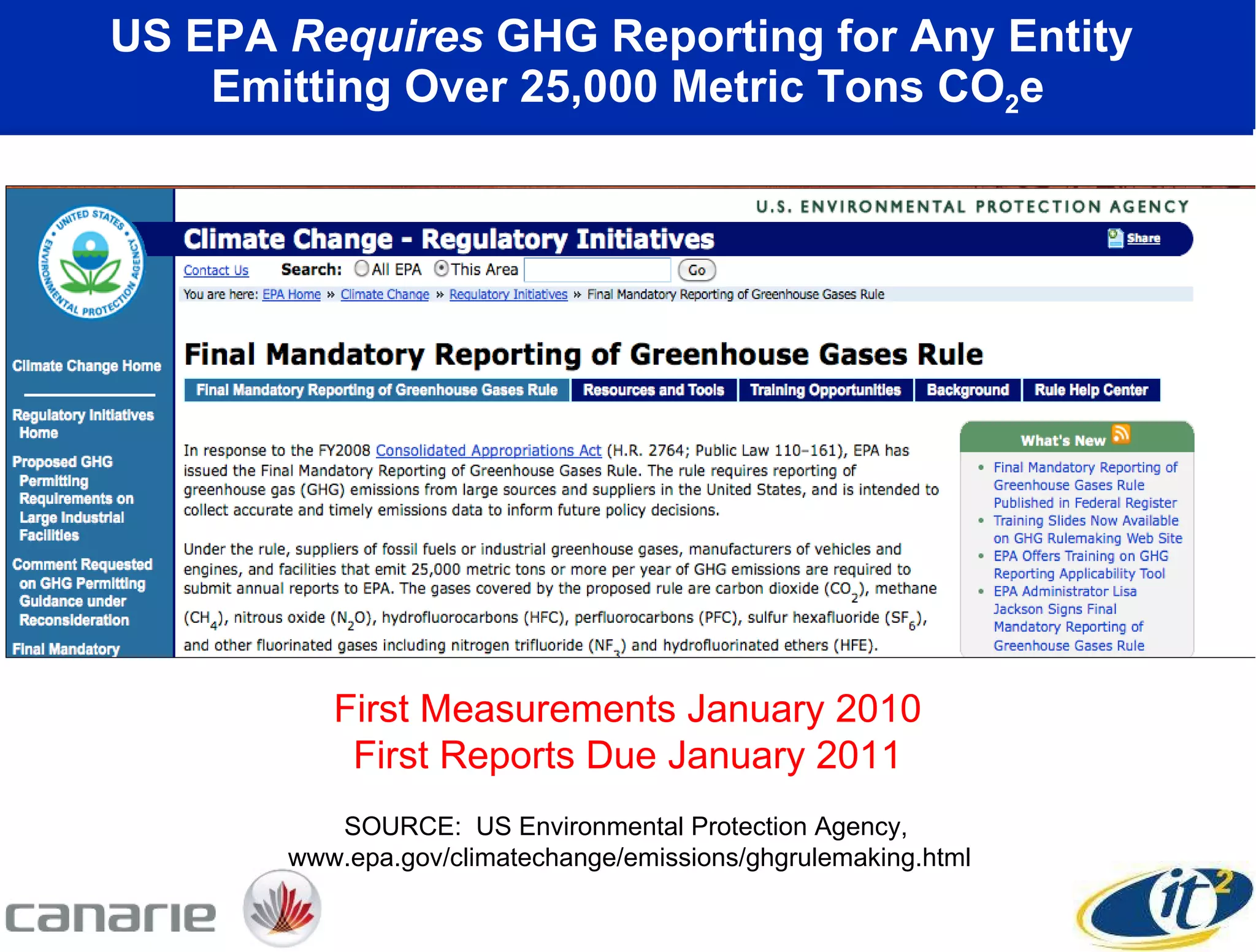 US EPA  Requires  GHG Reporting for Any Entity  Emitting Over 25,000 Metric Tons CO 2 e SOURCE:  US Environmental Protection Agency,  www.epa.gov/climatechange/emissions/ghgrulemaking.html First Measurements January 2010 First Reports Due January 2011 