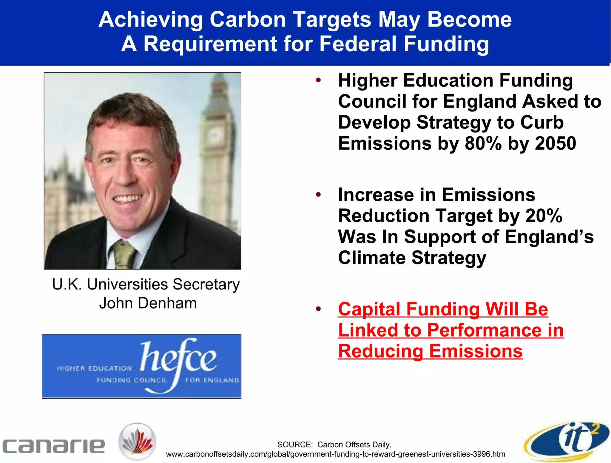 Achieving Carbon Targets May Become A Requirement for Federal Funding Higher Education Funding Council for England Asked to Develop Strategy to Curb Emissions by 80% by 2050 Increase in Emissions Reduction Target by 20% Was In Support of England’s Climate Strategy  Capital Funding Will Be Linked to Performance in Reducing Emissions U.K. Universities Secretary  John Denham SOURCE:  Carbon Offsets Daily, www.carbonoffsetsdaily.com/global/government-funding-to-reward-greenest-universities-3996.htm 