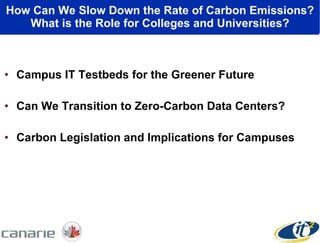 How Can We Slow Down the Rate of Carbon Emissions? What is the Role for Colleges and Universities? Campus IT Testbeds for the Greener Future Can We Transition to Zero-Carbon Data Centers? Carbon Legislation and Implications for Campuses 