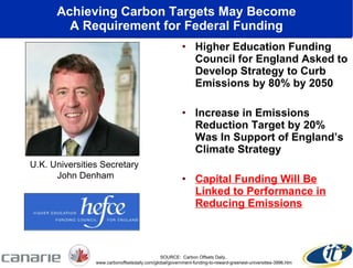Achieving Carbon Targets May Become A Requirement for Federal Funding Higher Education Funding Council for England Asked to Develop Strategy to Curb Emissions by 80% by 2050 Increase in Emissions Reduction Target by 20% Was In Support of England’s Climate Strategy  Capital Funding Will Be Linked to Performance in Reducing Emissions U.K. Universities Secretary  John Denham SOURCE:  Carbon Offsets Daily, www.carbonoffsetsdaily.com/global/government-funding-to-reward-greenest-universities-3996.htm 