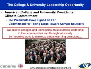 The College & University Leadership Opportunity American College and University Presidents’  Climate Commitment 659 Presidents Have Signed So Far Commitment for Taking Steps Toward Climate Neutrality We believe colleges and universities must exercise leadership  in their communities and throughout society  by modeling ways to minimize global warming emissions… www.presidentsclimatecommitment.org 