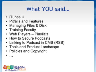 What YOU said… iTunes U Pitfalls and Features Managing Files & Disk Training Faculty Web Players – Playlists How to Secure Podcasts Linking to Podcast in CMS (RSS) Tools and Product Landscape Policies and Copyright … 