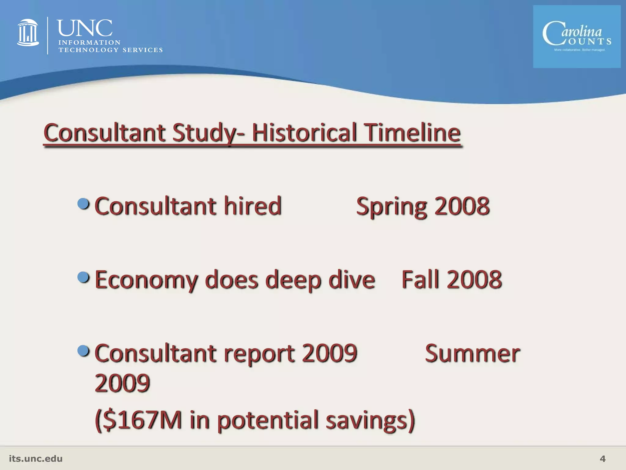 its.unc.edu 4
Consultant Study‐ Historical Timeline
•Consultant hired      Spring 2008
•Economy does deep dive    Fall 2008
•Consultant report 2009  Summer 
2009 
($167M in potential savings)
 