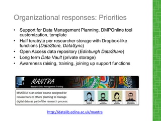Organizational responses: Priorities
• Support for Data Management Planning, DMPOnline tool
customization, template
• Half terabyte per researcher storage with Dropbox-like
functions (DataStore, DataSync)
• Open Access data repository (Edinburgh DataShare)
• Long term Data Vault (private storage)
• Awareness raising, training, joining up support functions
http://datalib.edina.ac.uk/mantra
 