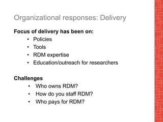 Organizational responses: Delivery
Focus of delivery has been on:
• Policies
• Tools
• RDM expertise
• Education/outreach for researchers
Challenges
• Who owns RDM?
• How do you staff RDM?
• Who pays for RDM?
 