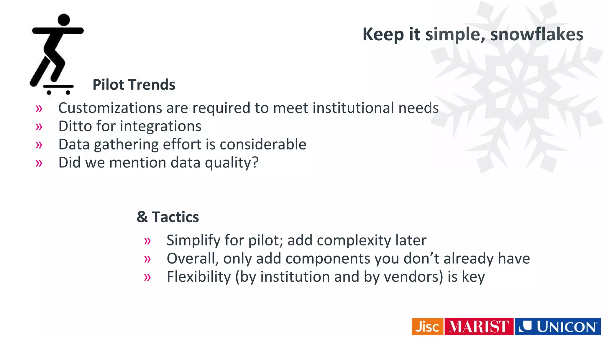 Keep it simple, snowflakes
& Tactics
» Simplify for pilot; add complexity later
» Overall, only add components you don’t already have
» Flexibility (by institution and by vendors) is key
Pilot Trends
» Customizations are required to meet institutional needs
» Ditto for integrations
» Data gathering effort is considerable
» Did we mention data quality?
 