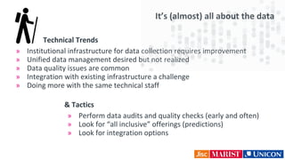 It’s (almost) all about the data
& Tactics
» Perform data audits and quality checks (early and often)
» Look for “all inclusive” offerings (predictions)
» Look for integration options
Technical Trends
» Institutional infrastructure for data collection requires improvement
» Unified data management desired but not realized
» Data quality issues are common
» Integration with existing infrastructure a challenge
» Doing more with the same technical staff
 