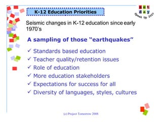 K-12 Education Priorities Seismic changes in K-12 education since early 1970’s A sampling of those “earthquakes” Standards based education Teacher quality/retention issues Role of education More education stakeholders  Expectations for success for all Diversity of languages, styles, cultures 