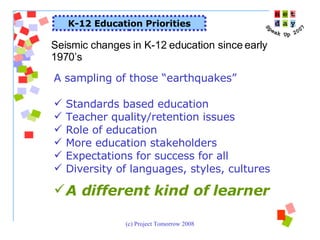 K-12 Education Priorities Seismic changes in K-12 education since early 1970’s A sampling of those “earthquakes” Standards based education Teacher quality/retention issues Role of education More education stakeholders  Expectations for success for all Diversity of languages, styles, cultures A different kind of learner 