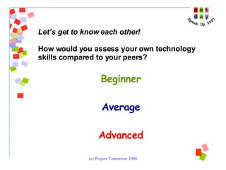 Let’s get to know each other! How would you assess your own technology skills compared to your peers? Beginner Average Advanced 