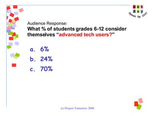 6% 24% 70% Audience Response:   What % of students grades 6-12 consider themselves “ advanced tech users? ”  