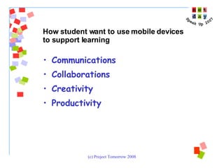 Communications Collaborations Creativity Productivity How student want to use mobile devices  to support learning 