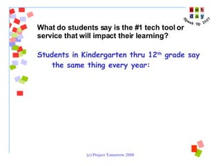 Students in Kindergarten thru 12 th  grade say the same thing every year:  What do students say is the #1 tech tool or service that will impact their learning?  