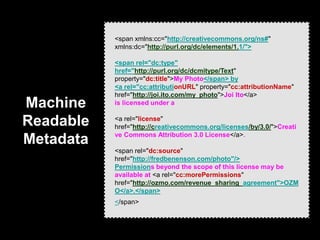 <span xmlns:cc="http://creativecommons.org/ns#" xmlns:dc="http://purl.org/dc/elements/1.1/"><span rel="dc:type" href="http://purl.org/dc/dcmitype/Text" property="dc:title">My Photo</span> by <a rel="cc:attributionURL" property="cc:attributionName" href="http://joi.ito.com/my_photo">Joi Ito</a> is licensed under a<a rel="license" href="http://creativecommons.org/licenses/by/3.0/">Creative Commons Attribution 3.0 License</a>.<span rel="dc:source" href="http://fredbenenson.com/photo"/>Permissions beyond the scope of this license may be available at <a rel="cc:morePermissions" href="http://ozmo.com/revenue_sharing_agreement">OZMO</a>.</span></span>Machine Readable Metadata