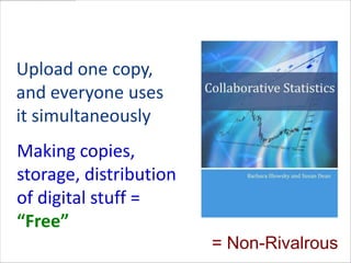 The New EconomicsUpload one copy, and everyone uses it simultaneouslyMaking copies, storage, distribution of digital stuff = “Free”= Non-Rivalrous