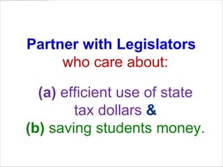 Legislative StrategyPartner with Legislators who care about:(a) efficient use of state tax dollars &(b) saving students money.