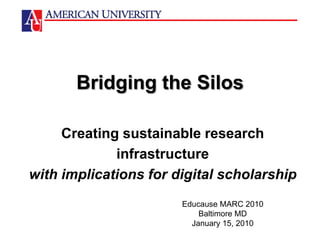 Bridging the Silos Creating sustainable research infrastructure with implications for digital scholarship Educause MARC 2010Baltimore MD January 15, 2010 