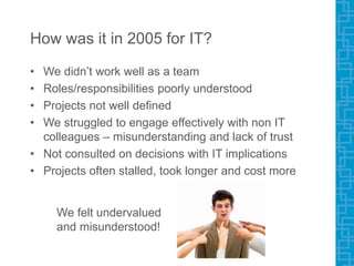 How was it in 2005 for IT?
• We didn’t work well as a team
• Roles/responsibilities poorly understood
• Projects not well defined
• We struggled to engage effectively with non IT
colleagues – misunderstanding and lack of trust
• Not consulted on decisions with IT implications
• Projects often stalled, took longer and cost more
We felt undervalued
and misunderstood!
 